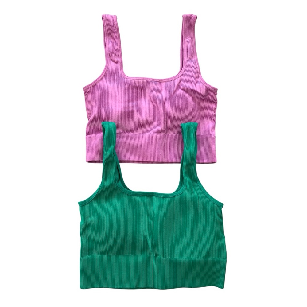 Zenana Seamless Padded Ribbed Bralette Bundle (2) Green & Orchid Pink L/XL